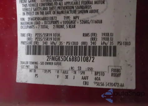 2011 Ford Flex Limited z USA, uszkodzony, nr VIN 2FMGK5DC6BBD10872